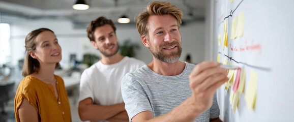Three young professionals collaborating and brainstorming ideas using sticky notes on a whiteboard in a modern environment