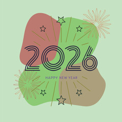 Happy New Year 2026 Abstract Celebration Design with Line Art Numbers and Fireworks