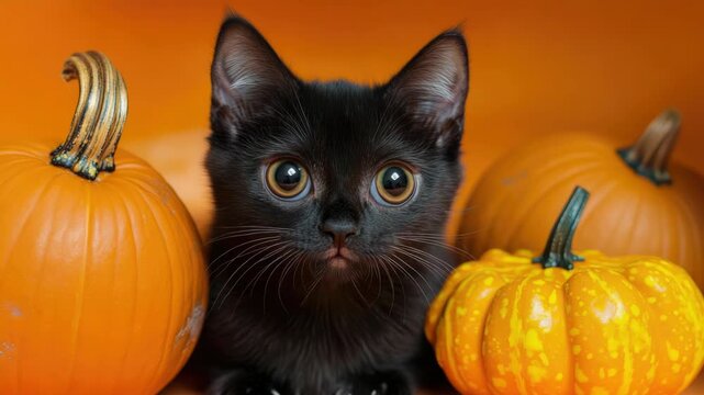Video A black kitten sits among a group of pumpkins, a sweet and innocent scene