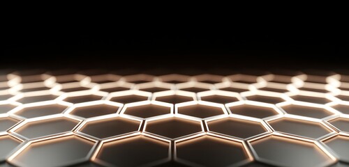 Bright glowing lattice of hexagons illuminated against black abstract field