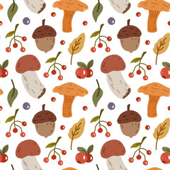 Cute autumn seamless pattern with mushrooms, leaves, acorns, berries on a white background. Vector hand-drawn flat illustration. Perfect for wallpaper, wrapping paper, textiles. Botanical print.