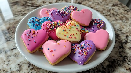 A plate of colorful heart shaped cookies decorated with sprinkles and icing