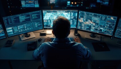 Man working on multiple computer screens in dark room setting.