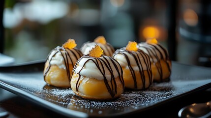 A plate of golden profiteroles filled with cream and chocolate drizzle