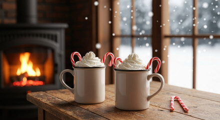 Cozy Winter Scene with Hot Cocoa and Candy Canes in Front of a Fireplace.