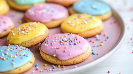 A plate of multi hued cookies with icing in rainbow colors and sugary sprinkles