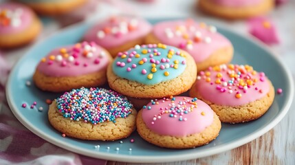 A plate of multi hued cookies with icing in rainbow colors and sugary sprinkles