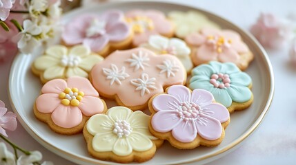 A plate of pastel colored cookies with intricate flower designs and delicate sugar decorations