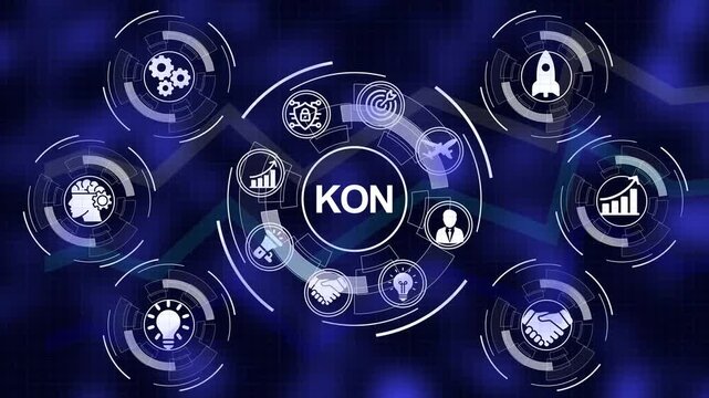 Digital network concept with central word KON and surrounding business icons on a dark blue grid background
