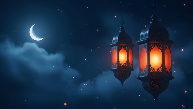Two glowing traditional arabesque lanterns hang under a crescent moon
