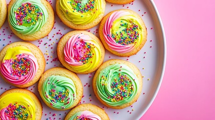 A plate of vivid cookies with neon frosting arranged artistically with bright sprinkles