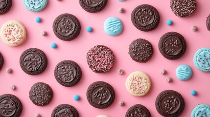 A playful arrangement of colorful chocolate cookies on a pastel background