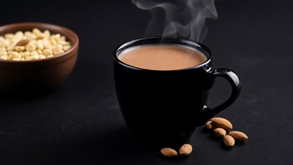Sweetened almond cocoa in a black cup, minimalist dark background, steam curling upward