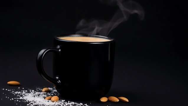 Sweetened almond cocoa in a black cup, minimalist dark background, steam curling upward