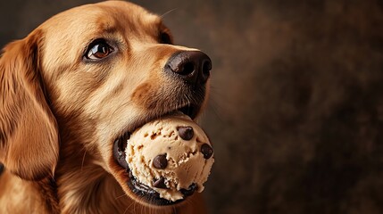 A playful dog licking a scoop of chocolate chip cookie dough ice cream