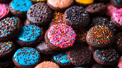 A playful assortment of chocolate cookies with vibrant icing