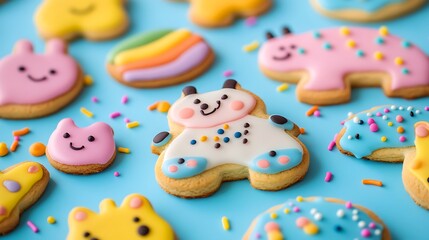 A playful scene of cookies shaped like animals decorated with icing and sprinkles set on bright background