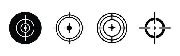 Black dark isolated modern vintage target icons set on white background. Target weapon icons, Gun, Military, Shot icons set on white page. Aiming optical gun icons set. EPS 10. 