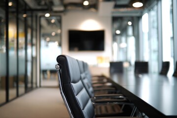 Empty modern office conference room with black leather chairs and screen.