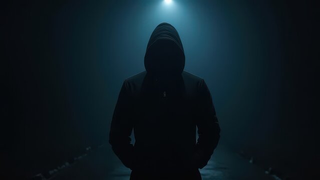mysterious anonymous male standing in night darkness with dramatic shadows creating a tense and ominous atmosphere