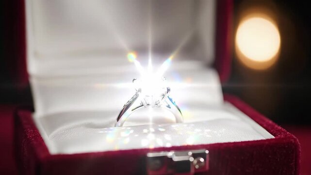 Hand opening red velvet jewelry box revealing diamond ring. Closeup sequence of sparkling gem in luxury case with light effects. Engagement proposal jewelry presentation concept.