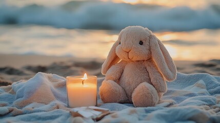 A plush bunny cuddled beside a candle on soft picnic blanket by the waves