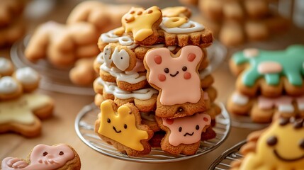 A playful stack of cookies shaped like animals with icing details