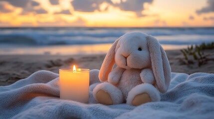 A plush bunny cuddled beside a candle on soft picnic blanket by the waves