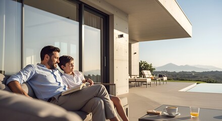 Father and son relax on a modern luxury patio with a stunning mountain view and infinity pool