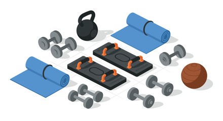 Isometric gym equipment set with dumbbells, yoga mats, kettlebell and more