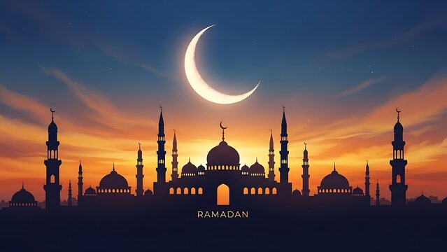 Silhouette of a grand mosque under a crescent moon at sunset