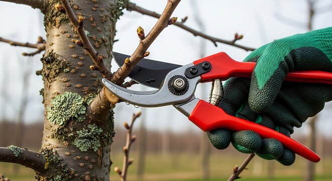 Gardeners hand in green glove pruning a tree branch with red secateurs.