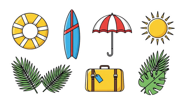 A vibrant collection of colorful line art icons for summer beach vacations and travel concepts