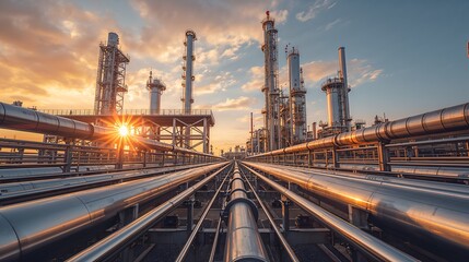 An Industrial landscape of a oil refinery at sunset. A view of industrial pipes, tanks, and towers set against a sunset sky. The scene is a great view for industry.
