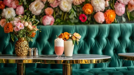 A plush velvet cafe seating with milkshake and golden accents floral setting