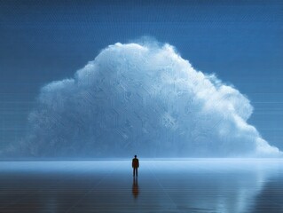 Businessman faces glowing digital cloud over grid floor.
