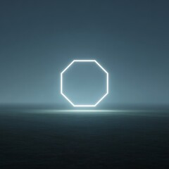 Bright glowing polygonal ring abstractly hovering over dark empty field