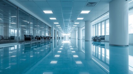 Fototapeta premium a modern, spacious hallway with a reflective floor and bright lighting. The hallway features a clean and minimalist design, with glass walls and pillars that add to the sense of openness
