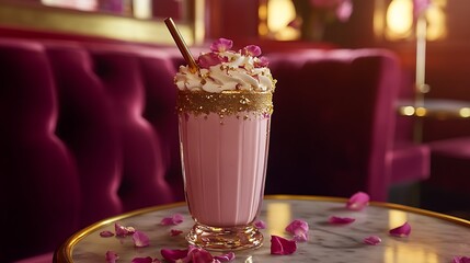 A plush velvet seating cafe with golden rimmed milkshake and flower petals