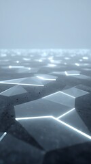 Bright glowing polygon fragments scattered across pitch black futuristic field