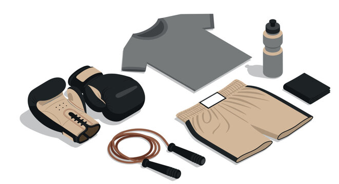 Boxing gear essentials: gloves, apparel, and accessories in modern flat design