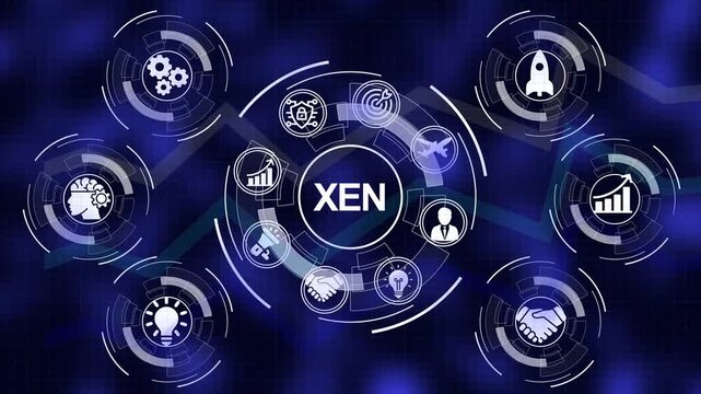 Digital network diagram with XEN in the center and various business icons in a circular arrangement on a dark blue grid background