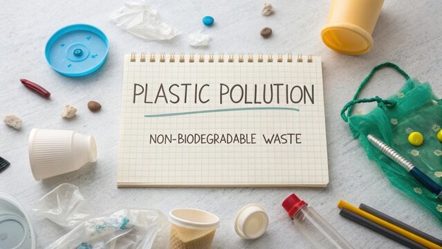 Flat lay of scattered plastic pollution fragments showing global concern