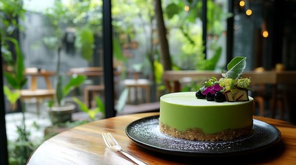 A premium quality matcha cheesecake trendy urban terrace soft greenery