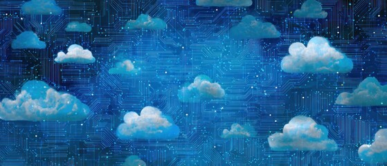 Clouds float over a glowing blue digital circuit board background