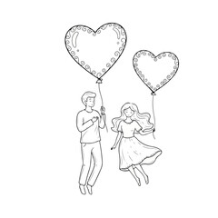 A romantic doodle line art illustration of a couple holding heart-shaped balloons on a white background with a playful and loving mood.