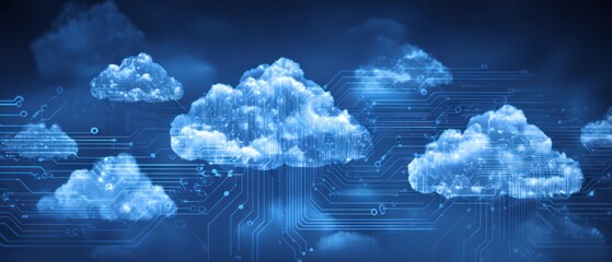 Glowing digital clouds overlayed with circuit board traces against dark blue.