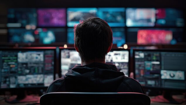 Person viewed from behind in dark room with many glowing screens. - Powered by Adobe