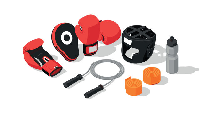 Essential boxing equipment in isometric style: gloves, pads, helmet, and more
