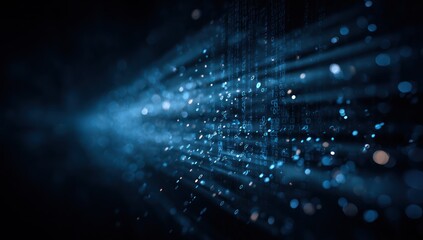 Abstract digital data stream with blue light rays and bokeh effects.